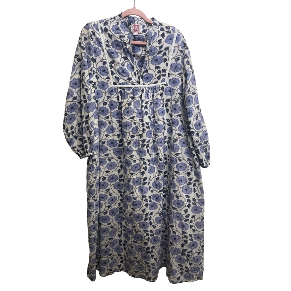 Victoria Dunn Floral Block Print Midi Dress Blue White Long Sleeve M/XL